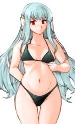 1girls absurdres alternate_costume aqua_hair bikini black_bikini black_swimsuit blush breasts circlet collarbone female female_only fire_emblem fire_emblem:_the_blazing_blade green_bikini green_swimsuit groin highleg highleg_bikini highleg_swimsuit highres long_hair looking_at_viewer medium_breasts navel ninian_(fire_emblem) nintendo red_eyes simple_background solo source_larger swimsuit symbol-only_commentary tridisart very_long_hair white_background