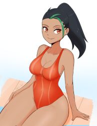 ass big_ass big_breasts bikini black_hair breasts brown_skin female female_only happy nemona_(pokemon) octobola orange_eyes pokemon pokemon_sv simple_background thick_thighs thighs