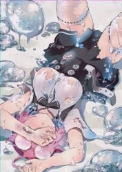 artist_name artist_signature bow buttons dripping female glasses glasses_on_head hand_over_face highres ichio large_breasts legs_up looking_at_viewer matching_hair/eyes melting_clothes on_back open_mouth pink_eyes pink_hair sae_(vtuber) see-through short_hair slime slime_clothing slime_girl slime_hair solo_female thighs virtual_youtuber