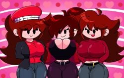 3girls background belt beret big_breasts breasts cleavage counterpart creepypasta earring edit edited faker_gf_(friday_night_funkin) female female_only fnf fnf_mod fnf_mods friday_night_funkin friday_night_funkin_lullaby friday_night_funkin_mod girlfriend_(friday_night_funkin) girlfriend_(mods) heart hypnos_lullaby jacket jeans long_hair looking_at_viewer lullaby_girlfriend_(fnf) minusbrush multiple_girls pony_tail seductive smile square_crossover standing thick_thighs trepidation_gf_(friday_night_funkin)