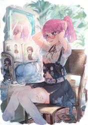 belly_button blush book buttons dripping eyebrows_visible_through_hair female glasses hands_behind_head highres hiiragi_mikoto matching_hair/eyes melting_clothes midriff mirror pink_eyes pink_hair plants ponytail reading reflection sae_(vtuber) sitting slime slime_clothing slime_girl slime_hair small_breasts solo_female underboob virtual_youtuber wavy_mouth