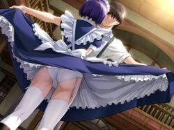 1boy 1girls ass clothes_lift elf_(company) faceless faceless_male game_cg garter_belt garter_straps hi_res kawarazaki-ke_no_ichizoku_2 legs maid maid_headdress maid_uniform mika_(kawarazakike_no_ichizoku) panties purple_hair short_hair skirt skirt_grab skirt_lift thighhighs thighs underwear white_panties