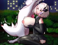 azur_lane canine canine_penis kemonomichi outdoors outside paizuri ripped_clothing ripped_stockings roon_(azur_lane) roon_(muse)_(azur_lane) skirt smile tagme white_fur zoophilia