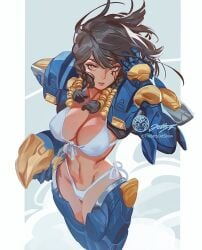 1girls abs armor armor_removed big_breasts blizzard_entertainment dark-skinned_female female female_only looking_at_viewer midriff overwatch painting_(artwork) pharah solo thejettyjetshow thick_thighs underwear