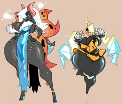 anthro cleavage dyne_(docbats) female hand_on_hip high_heels humanoid jinti_(artist) larger_female nintendo pokémon_(species) pokémon_humanoid pokémorph pokemon rotom size_difference smaller_female thick_thighs video_games volcarona