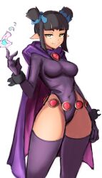 1girls 2022 bangs belt black_hair blunt_bangs cloak dc dc_comics demon_horns female female_only fire hi_res horns leotard light-skinned_female light_skin looking_at_viewer myphia_(colo) narrowed_eyes nyapii pointy_ears purple_thighhighs raven_(cosplay) slit_pupils smiling_at_viewer solo solo_female succubus sweet_hex teen_titans thick_thighs thighhighs twintails white_background wristwear yellow_eyes