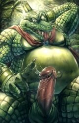 2022 absurd_res anthro balls belly big_belly bodily_fluids crown detailed_background donkey_kong_(series) drooling erection genitals green_body hi_res humanoid_hands humanoid_penis k_rool kremling male male_only moobs nintendo outside overweight overweight_male penis precum saliva scalie solo tongue tongue_out tor@ uncensored video_games