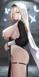 absurdres aponia bangs black_dress blonde_hair blurry blurry_background breast_curtain breast_curtains breasts cowboy_shot dress female from_side grey_eyes hair_between_eyes highres honkai_(series) honkai_impact_3rd lace_trim large_breasts long_hair long_sleeves looking_at_viewer looking_to_the_side mole mole_on_breast muka_tsuku nail_polish nun parted_lips pink_nails puffy_long_sleeves puffy_sleeves solo sparkle standing thigh_strap veil