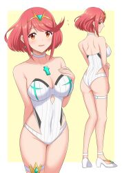 1girls 6oryo_illust :d absurd_res ass bangs bare_legs bare_shoulders blush breasts casual_one-piece_swimsuit chest_jewel choker cleavage collarbone cosplay covered_navel earrings female female_only from_behind full_body gem hair_ornament headpiece high_heels highres jewelry large_breasts looking_at_viewer multiple_views mythra_(xenoblade)_(cosplay) one-piece_swimsuit open_mouth pyra_(xenoblade) red_eyes red_hair ribbed_swimsuit short_hair smile solo strapless strapless_swimsuit striped striped_swimsuit swept_bangs swimsuit thigh_strap tiara vertical-striped_swimsuit vertical_stripes white_footwear white_swimsuit xenoblade_(series) xenoblade_chronicles_2