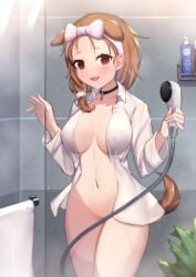 :3 animal_ears bathroom blush breasts breasts_apart brown_eyes brown_hair choker collarbone convenient_censoring covered_nipples cowboy_shot dog_ears dog_girl dog_tail eyebrows_visible_through_hair female forehead glasses hairband hands_up highres hololive hololive_gamers hololive_japan indoors inugami_korone large_breasts long_hair long_sleeves looking_at_viewer naked_shirt navel no_bra no_panties oerba_yun_fang open_mouth see-through shirt shower_head smile solo tail thighs uneg virtual_youtuber