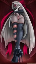 anus ass clothed clothing female genitals grey_body grey_skin hair hazbin_hotel hi_res high-bear high_heels humanoid legwear long_hair long_legs low-angle_view no_underwear pink_pussy pussy solo stockings vaggie_(hazbin_hotel) white_hair