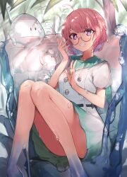 alternate_version buttons dripping eyebrows_visible_through_hair female glasses highres hiiragi_mikoto looking_at_viewer matching_hair/eyes pink_eyes pink_hair sae_(vtuber) short_hair sitting slime slime_clothing slime_girl slime_hair smile solo_female teeth_showing thighs tree virtual_youtuber