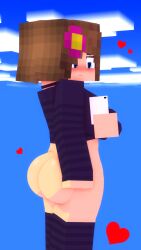 3d ass bell_collar big_ass big_breasts big_butt blue_eyes blush blushing brown_hair cloud clouds collar day flower flower_in_hair hearts holding_object holding_phone horny_female human_female humanoid jenny_belle_(slipperyt) mine-imator minecraft no_panties no_pants outside partially_clothed phone slipperyt solo solo_female tagme thighhighs