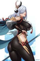 1girls ass big_ass big_breasts big_butt bodysuit butt curvy curvy_figure dat_ass fat_ass female female_only genshin_impact hair_ornament hi_res highres large_ass large_breasts mootium shenhe_(genshin_impact) solo solo_female thick thick_ass thick_thighs voluptuous white_hair