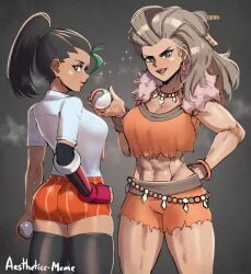 2girls abs aestheticc-meme ass blue_eyes breasts butt cleavage clothed clothing female female_only fingerless_gloves gloves gray_hair looking_at_viewer looking_back milf muscular_female nemona_(pokemon) open_mouth open_smile png pokeball pokemon pokemon_champion pokemon_professor pokemon_protagonist pokemon_sv pokemon_trainer ponytail professor_sada_(pokemon) shorts simple_background six_pack smile sweat take_your_pick thick_thighs thighhighs unga_bunga