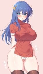 1girls arms_behind_back ass ass_visible_through_thighs awayuki_ramika bare_thighs black_legwear blue_eyes blue_hair blush bracelet breasts caeda_(fire_emblem) cameltoe clothes_lift covered_navel cowboy_shot dress dress_lift elbow_gloves eyebrows_visible_through_hair female female_only fire_emblem fire_emblem:_mystery_of_the_emblem fire_emblem:_shadow_dragon_and_the_blade_of_light gloves highres jewelry large_ass large_breasts long_hair looking_at_viewer nintendo open_mouth panties pantyshot partially_visible_vulva pegasus_knight_uniform_(fire_emblem) pelvic_curtain pink_background red_dress short_sleeves side-tie_panties side_slit simple_background skindentation solo thick_thighs thighhighs thighs twitter_username underwear upskirt white_gloves white_panties