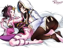 2girls ass aya_(pokemon) bare_legs big_ass blue_eyes breasts breasts_out brown_eyes brown_hair female female_only fingering fingering_partner legs long_hair minacream multiple_girls nipples nouhime nouhime_(sengoku_musou) one_eye_closed pantyhose pokemon pokemon_conquest purple_eyes purple_hair pussy pussy_juice short_hair smile spread_legs yuri