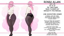 1other 2022 character_sheet closed_eyes elf elf_ears female female_only flirting_with_viewer glasses looking_at_viewer looking_back pencil_skirt pink_eyes pink_hair pink_skin pointy_ears riley_moore_(artist) rosea_(riley_moore) sfw smile stockings sweater tagme