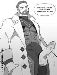 bara beard boner cock cock_ring drooling erection hands_in_pockets labcoat latex latex_suit looking_at_viewer looking_down lupin_barnabi male_only monochrome muscular muscular_male pokemon pokemon_sv precum precum_drip professor_turo solo solo_male spanish_dialogue spanish_text suit