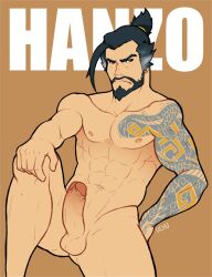 1boy boner erect_penis erection hanzo hanzo_shimada hard_on male male_only muscles muscular muscular_male overwatch penis pinup tattoos uchu uncut