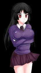 1girls aika_hoshida_(plum_tea) big_breasts black_hair breasts clothed clothing crossed_arms female female_only fully_clothed huge_breasts large_breasts plum_tea red_eyes saintxtail school_uniform schoolgirl skirt solo sprite sprite_art tsundere