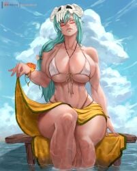 1girls aqua_eyes aqua_hair big_breasts bikini bleach blue_sky bracelet breasts breasts_bigger_than_head cleavage clothing cloud cloudy_sky curvaceous day facial_mark facing_viewer female female_only female_solo front-tie_bikini front-tie_top high_resolution huge_breasts jewelry kasai_x3 large_breasts large_filesize lejeanx3 lips long_hair muscle muscular_female navel nelliel_tu_odelschwanck nose ocean partially_submerged pier sarong sitting skindentation skull_on_head sky soaking_feet solo swimsuit thick_thighs thighs toned_belly toned_stomach underboob very_high_resolution water wide_hips wrist_flower yellow_sarong