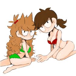 2girls breasts brown_hair eddsworld ell_(eddsworld) ellsworld green_bikini hair legs looking_at_viewer multiple_girls red_bikini rule_63 thighs tori_(eddsworld)