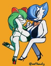 2girls anthro big_breasts bikini bikini_bottom bikini_top black_bikini black_eyes black_eyeshadow black_heels black_lips black_lipstick blue_hair breasts dark_blue_eyeshadow gabriella_(oofrowdy) gardevoir green_eyes heel_boots heeled_boots heels high_heels huge_breasts kirlia kirly_(oofrowdy) large_breasts lipstick mole_on_breast mother_and_daughter multiple_girls oofrowdy pokémon_(species) pokemon pokemon_(species) pokemon_only pokephilia red_horns top_heavy