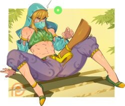 1boy 1girls abs anklet blond_hair blonde_hair blue_eyes breath_of_the_wild canon_crossdressing crossdressing cute_male dark-skinned_female erect_penis erection erection_under_clothes female_on_femboy femboy femdom foot_fetish footjob footwear gameplay_mechanics gerudo gerudo_link gerudo_outfit gerudo_top gerudo_veil girly girly_boy girly_clothing heeljob heels high_heels jewelry kukumomo link link_(breath_of_the_wild) pale_skin partially_transparent pretty_boy see-through_clothing shoejob stamina_bar stamina_wheel stepped_on stepping_on_penis stiletto_heels surprised surprised_eyes surprised_look tan_skin the_legend_of_zelda trap urbosa very_high_heels