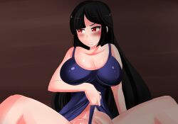 1futa aika_hoshida_(plum_tea) balls big_breasts big_penis black_hair blush bottomless breasts clothed clothing embarrassed flaccid futa_only futanari game_cg huge_breasts human large_breasts light-skinned_futanari light_skin partially_clothed penis penis_out plum_tea pulling_clothing red_eyes saintxtail sitting solo spread_legs sukumizu swimsuit