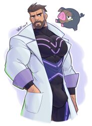 bara beard big_penis black_hair bulge bulge_through_clothing coat flaccid latex latex_suit lechonk male male_focus male_only muscular muscular_male pecs penis pokemon pokemon_sv professor_turo short_hair skin_tight skin_tight_suit solo solo_male white_coat wolf_con_f