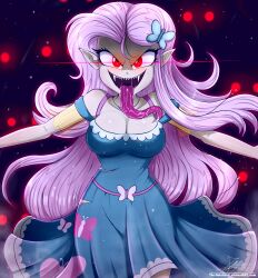 1girls big_breasts breasts cleavage dress drooling equestria_girls fangs female female_only flutterbat_(mlp) fluttershy_(eg) fluttershy_(mlp) friendship_is_magic glowing_eyes hasbro hi_res highres long_tongue looking_at_viewer low_cut_dress my_little_pony pointy_ears red_eyes sharp_teeth solo solo_female straight_hair the-butch-x tongue_out vampire