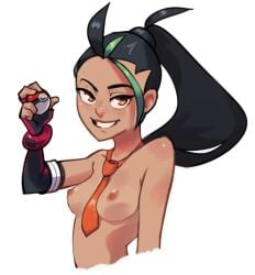 1girls black_hair breasts dark-skinned_female elbow_gloves female female_only freckles game_freak green_highlights javehorny looking_at_viewer necktie necktie_between_breasts necktie_only nemona_(pokemon) nintendo nipples pokemon pokemon_sv ponytail small_breasts smug solo tan_skin tie topless white_background