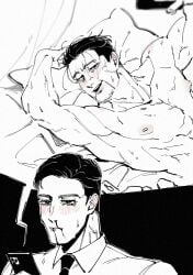 2boys bara black_and_white black_hair blush blushing drooling erect_nipples facial_hair gay golden_kamuy hand_above_head incest inviting_to_sex male_only message muscular muscular_male necktie no_visible_genitalia nosebleed ogata_hyakunosuke on_back on_bed pecs phone saliva scar selfie shaved_armpit suit sweatdrops sweating tears teasing unknown_artist yaoi yuusaku_hanazawa