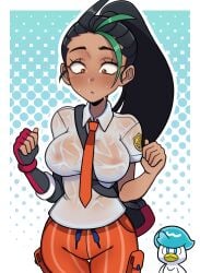 1girls 1pokemon alternate_breast_size amber_eyes black_hair blush breasts_visible_through_clothing brown-skinned_female brown_skin embarrassed fingerless_gloves freckles green_highlights iwonder large_breasts necktie nemona_(pokemon) nintendo no_bra pokemon pokemon_sv ponytail quaxly see-through_clothing surprised sweat tan_skin tie transparent_clothing wet wet_shirt white_shirt