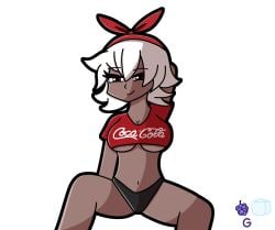 bandana black_panties brown_skin clothed coca-cola crop_top female female_focus female_only grapeice hairband headwear red_clothing red_eyes red_shirt self_upload topwear underboob white_hair