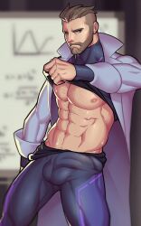 1boy bara bulge erection_under_clothes fanart looking_at_viewer male male_only muscles muscular muscular_male pokemon pokemon_sv professor_turo shirt_lift uchu