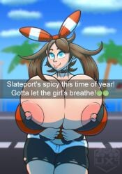 alternate_breast_size big_breasts boob_window breasts_bigger_than_head exposed_breasts female female_only gigantic_breasts heart-shaped_pupils huge_areolae huge_breasts hyper hyper_breasts may_(pokemon) may_(pokemon_oras) nintendo no_bra pokemon pokemon_oras snapchat top_heavy undressing uxdragon