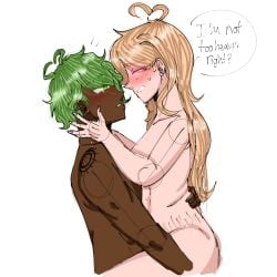 1boy akamatsu_kaede blonde_hair breasts chubby completely_nude completely_nude_female danganronpa danganronpa_v3 green_hair large_breasts rantaro_amami straight straight_hair