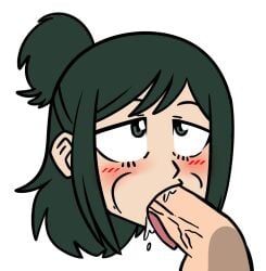 1boy 1girls blowjob blush blush cheek_bulge fellatio floating_head green_eyes green_hair inko_midoriya light-skinned_female long_hair looking_up my_hero_academia oral oral_sex rebecca_doodles