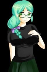 1girls big_breasts black_shirt breasts clothed clothing female female_only fully_clothed glasses green_eyes green_hair green_skirt hand_on_breast huge_breasts large_breasts misaki_(plum_tea) plum_tea saintxtail skirt solo sprite sprite_art