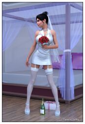 1girls 3d black_hair bouquet bride champagne clothing earrings flower garter_straps gift_box high_heels holding_bouquet holding_flower indoors laray looking_to_the_side pearl_necklace ring solo standing stockings wedding_veil white_footwear white_legwear white_lingerie white_stockings