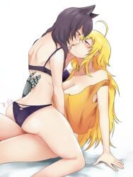 2girls ass big_ass big_breasts big_butt black_hair blake_belladonna blonde_hair blush blushing cat_ears cute faunus female female_only furry imminent_sex kissing legs making_out panties prosthetic_arm reversein rwby saliva underwear yang_xiao_long yuri