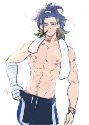 abs adaman_(pokemon) after_training bandaged_arm blue_hair east_asian_male fanart jackray85674939 jewelry long_hair_male male_only pokemon pokemon_legends:_arceus ponytail shorts sweatdrop towel_around_neck