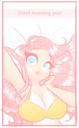 1girls animal_ears anthro blue_eyes bovine bra breasts breasts breasts clara_cow cleavage cow_ears cow_girl female female_focus large_breasts laying_down long_hair ohthesunnyside pink_frame pink_hair plump_lips reaching_up selfie solo solo_female sparkles text white_background yellow_bra