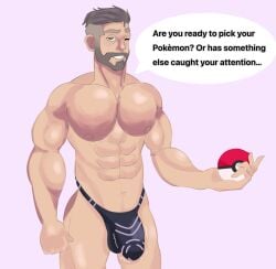 1boy 1male artist_request bara bulge dialogue dilf gay grey_hair male_only moving_penis pokeball pokemon pokemon_sv professor_turo solo_male text thong