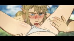 1boy 1girls black_bars blonde_hair blue_eyes close-up cunnilingus female_pov letterbox link looking_at_viewer oral panties_aside peakbuns pussy sex spread_legs the_legend_of_zelda tongue_out