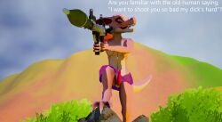 3d absurd_res anthro claws clothed clothing dialogue digital_media_(artwork) english_text erection erection_under_skirt gavit genitals gun harem_jewelry harem_outfit hi_res holding_gun holding_object holding_weapon horn humanoid jewelry kobold kobold_dellarte looking_at_viewer low_poly male open_mouth penis ranged_weapon reptile rocket_launcher scalie solo text threatening threatening_words weapon widescreen