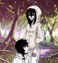 1boy 1girls artist_request black_hair creepypasta female jeff_the_killer kate_the_chaser licking_pussy orange_eyes pussy slender:_the_arrival tagme white_skin