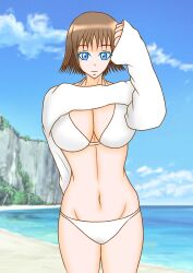 alluring avataro_sentai_donbrothers beach bikini blue_eyes brown_hair mokuro_(artist) ocean sononi sononi_(donbrothers) super_sentai swimsuit vest